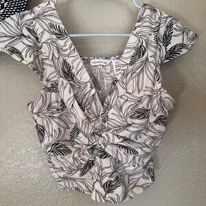 Black and White Leaf Print Linen Blend  Women's Top